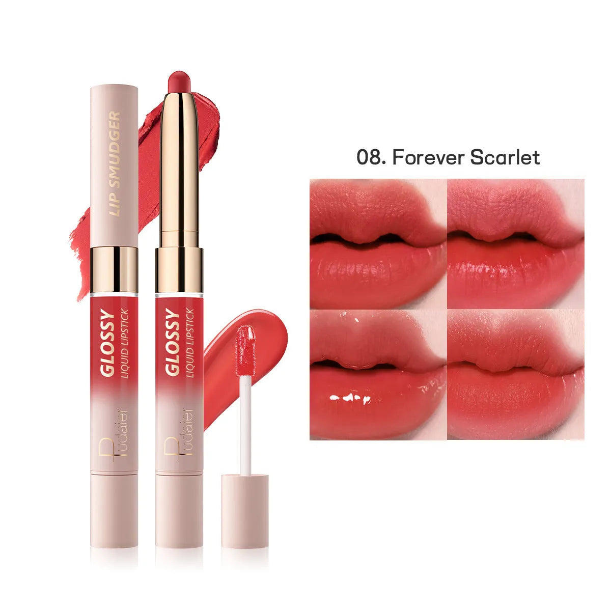 Double-headed lipstick lip gloss in matte finish showing ten different colour options from 01 to 10.