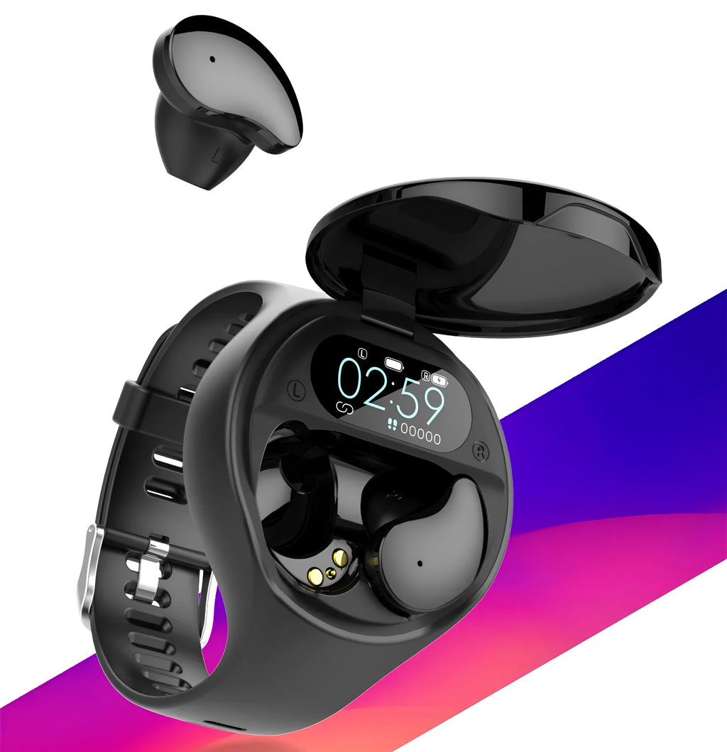 Black detachable smart bracelet and Bluetooth headset combo showing colour screen and earbuds.