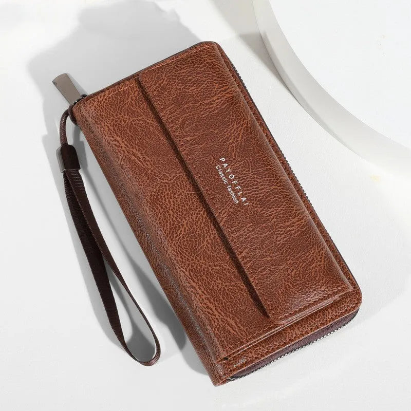 Men's black PU leather long wallet showing multiple card slots and note compartment.