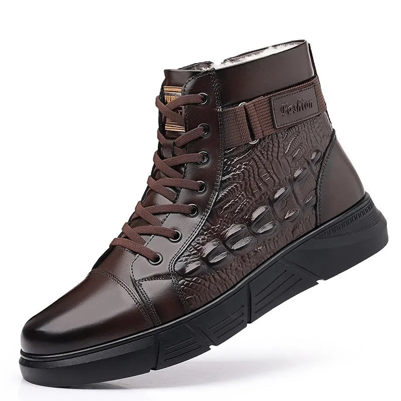 Men's black genuine leather snow boots with fur lining and rubber non-slip soles