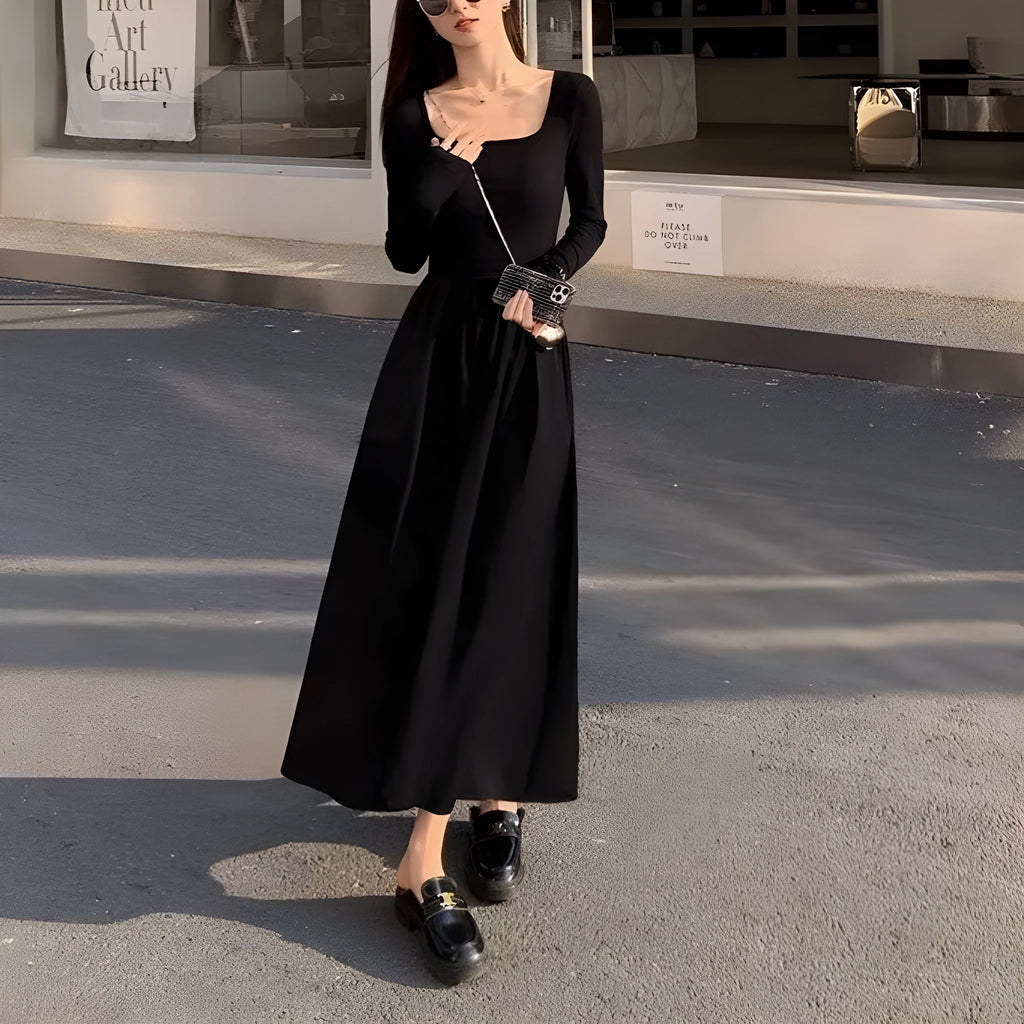 Square collar knitted A-line dress with elastic waist in black or grey colour options