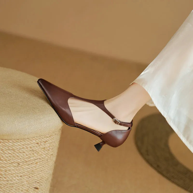 Women's vintage style high heels in cowhide leather with pointed toe design available in black or brown