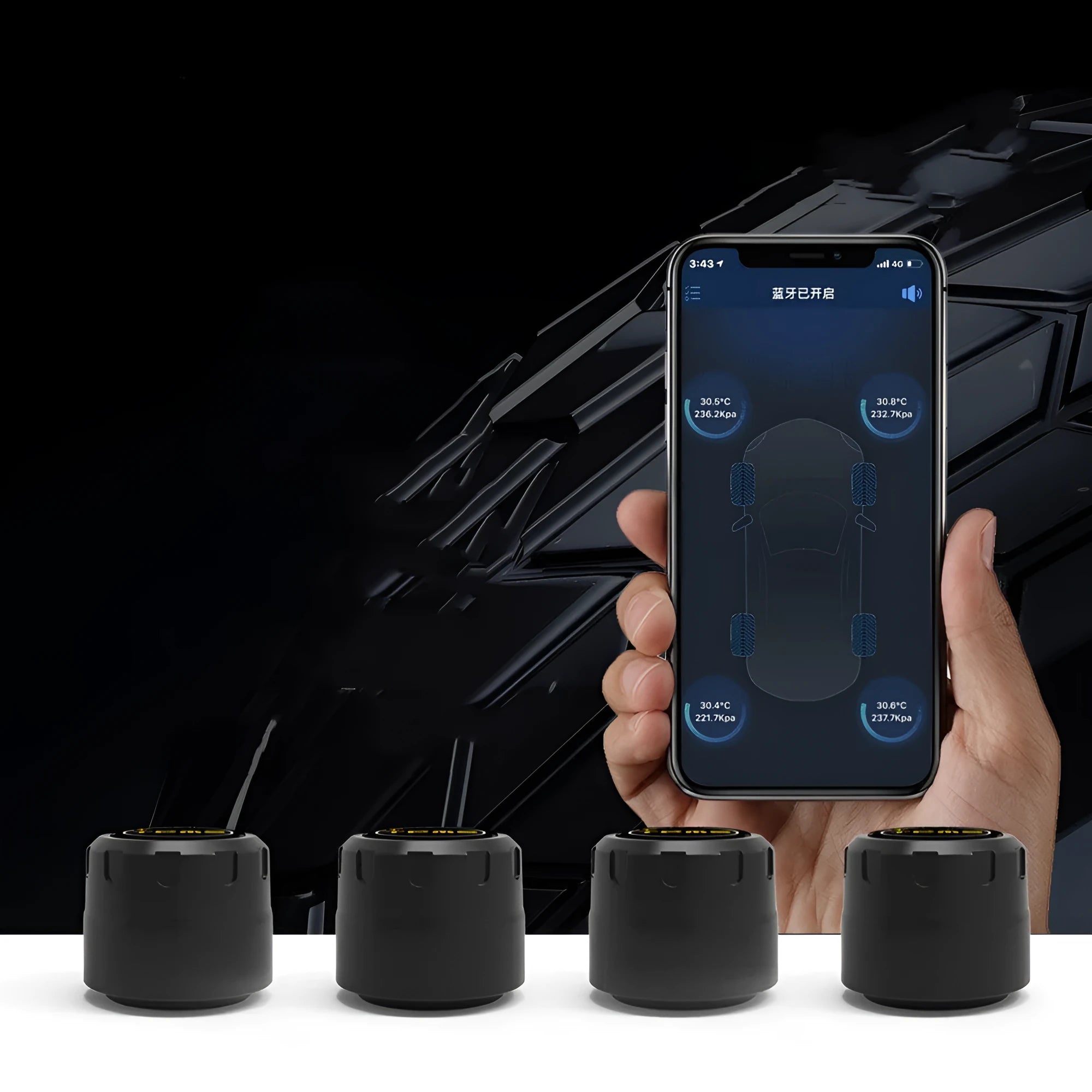 Bluetooth 5.0 automotive tyre pressure monitor kit with four external sensors, wrench, and anti-theft screws
