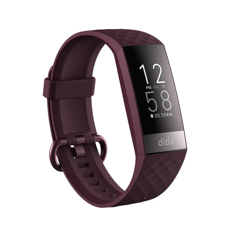 Black smart health bracelet with screen showing blood pressure and ECG readings on wrist.