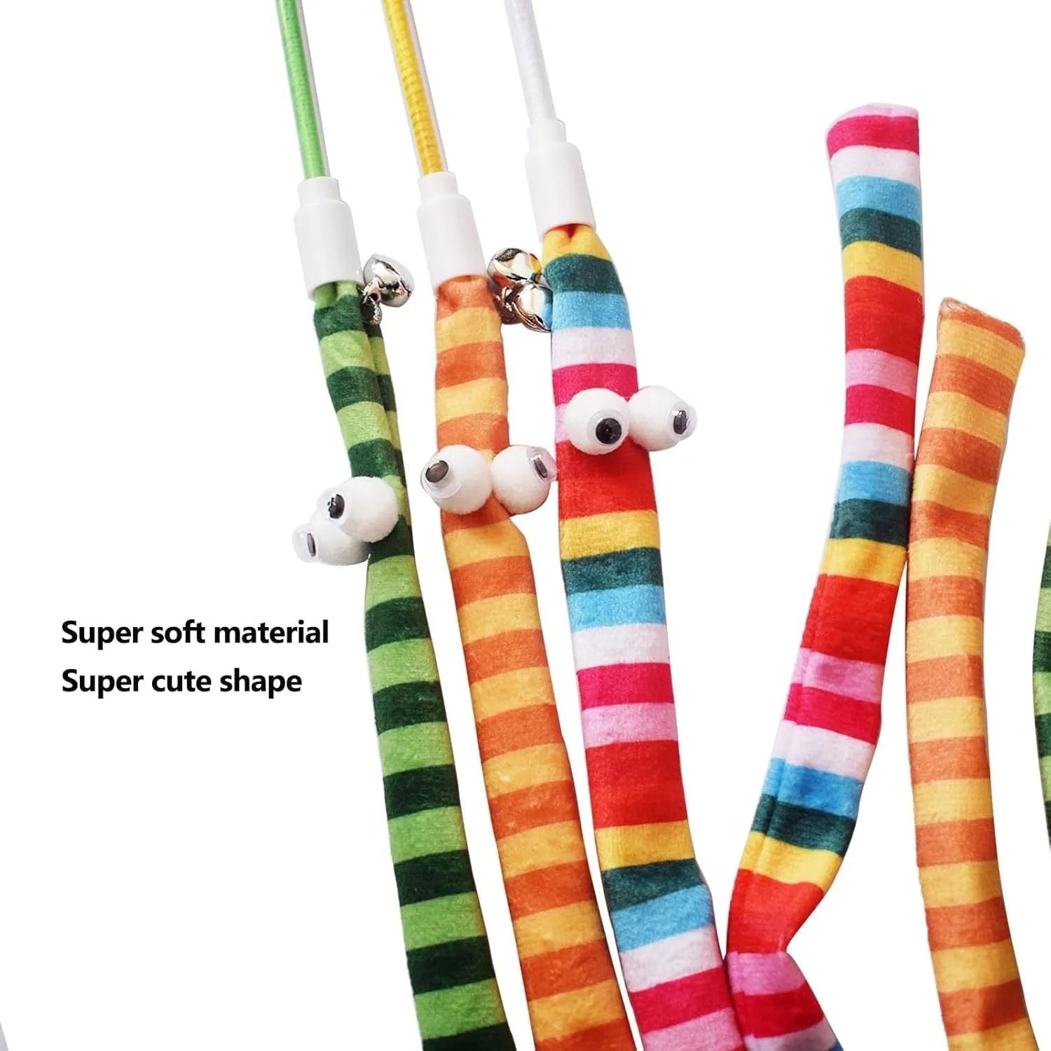 Cat wand toy with polycarbonate pole and long plush strip in vivid colours for interactive feline play