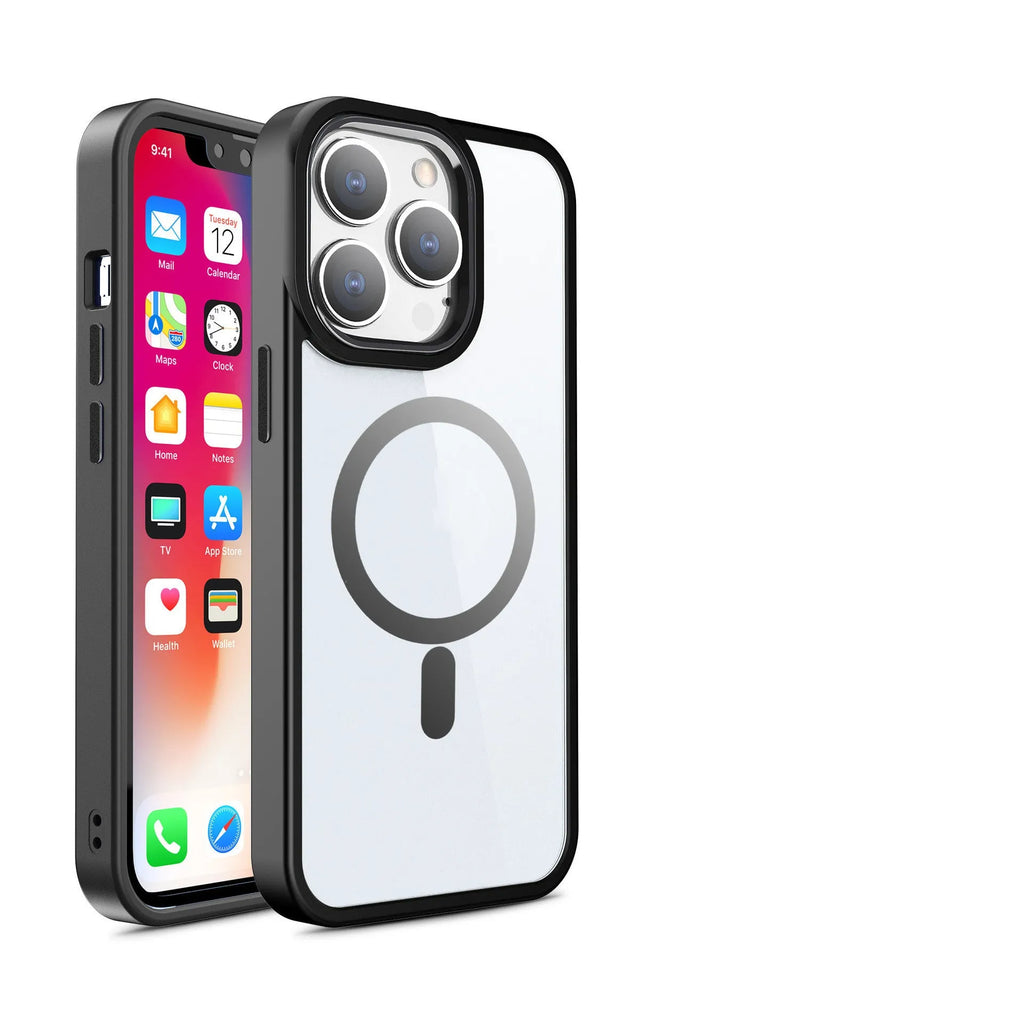 Transparent magnetic silicone phone case for iPhone in solid colour options including green, red, and blue.