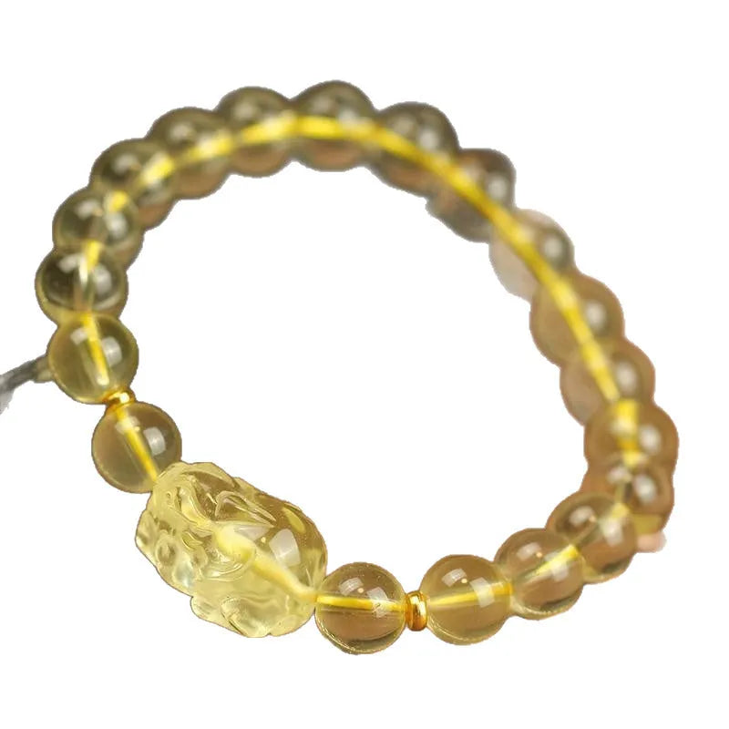 Yellow leather Pi Xiu bracelet with artificial crystal charm beads in Chinese simple style
