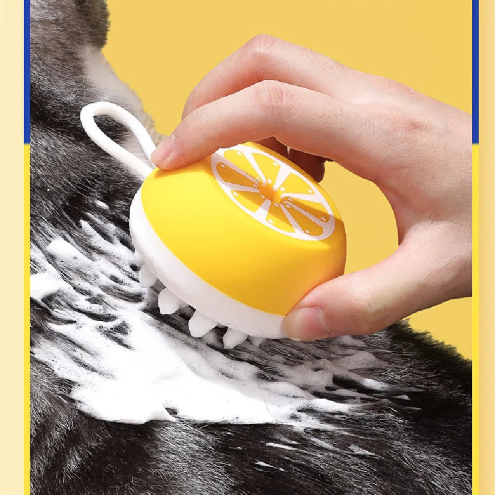 Yellow silicone pet grooming brush with massage comb design for dog and cat bath time