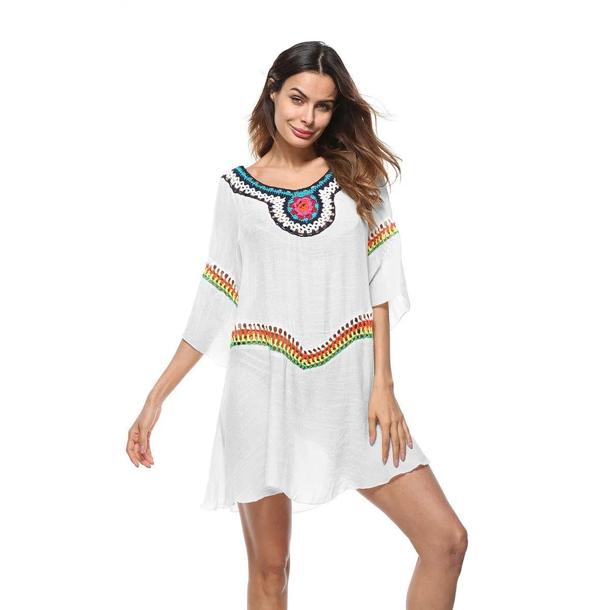 Crocheted acrylic beach cover-up in ethnic style for swimming and sun protection