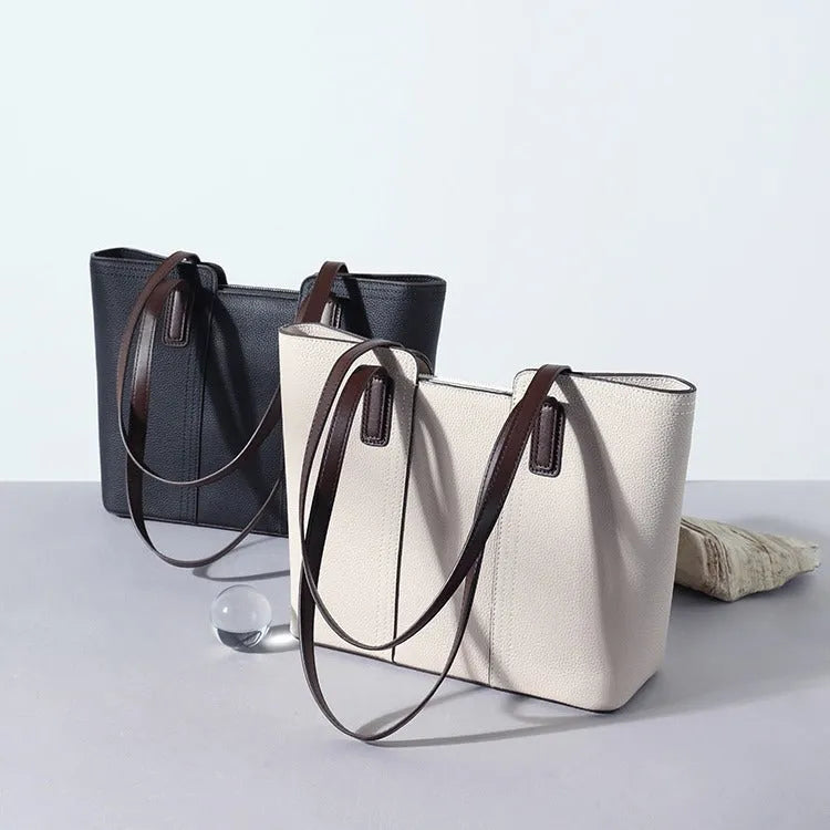 Women's genuine leather shoulder bag in box-type design with mobile phone compartment, shown in multiple colour options