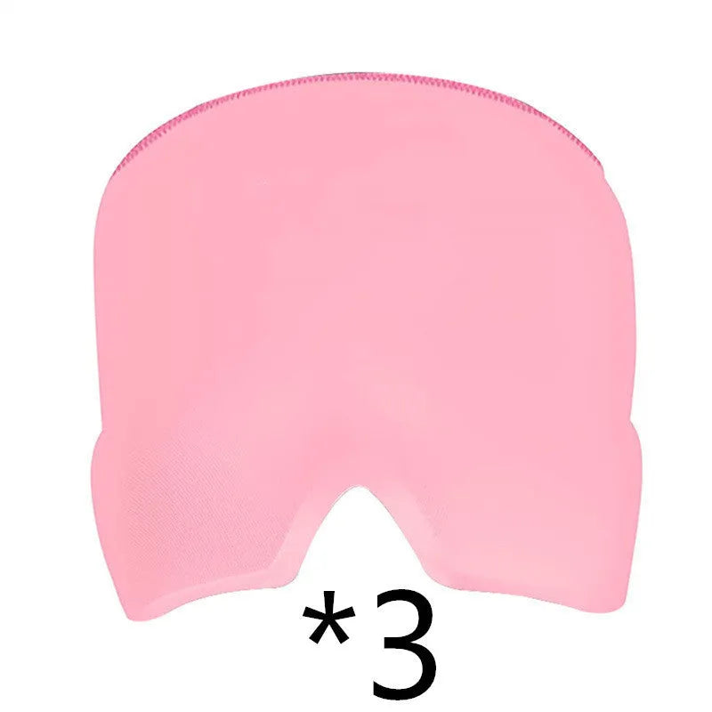 Black adjustable cold compress gel eye mask for headache relief on a plain background.