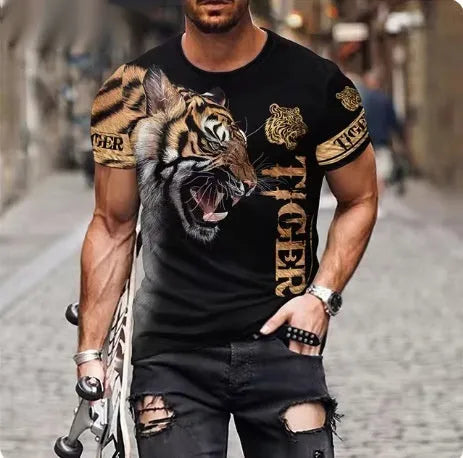 Men's grey t-shirt with dimensional 3D lion graphic print on front