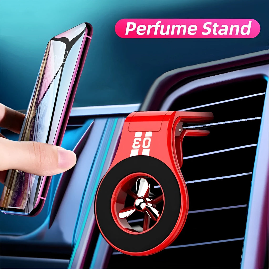 Magnetic car phone holder mounted on car air vent with smartphone attached