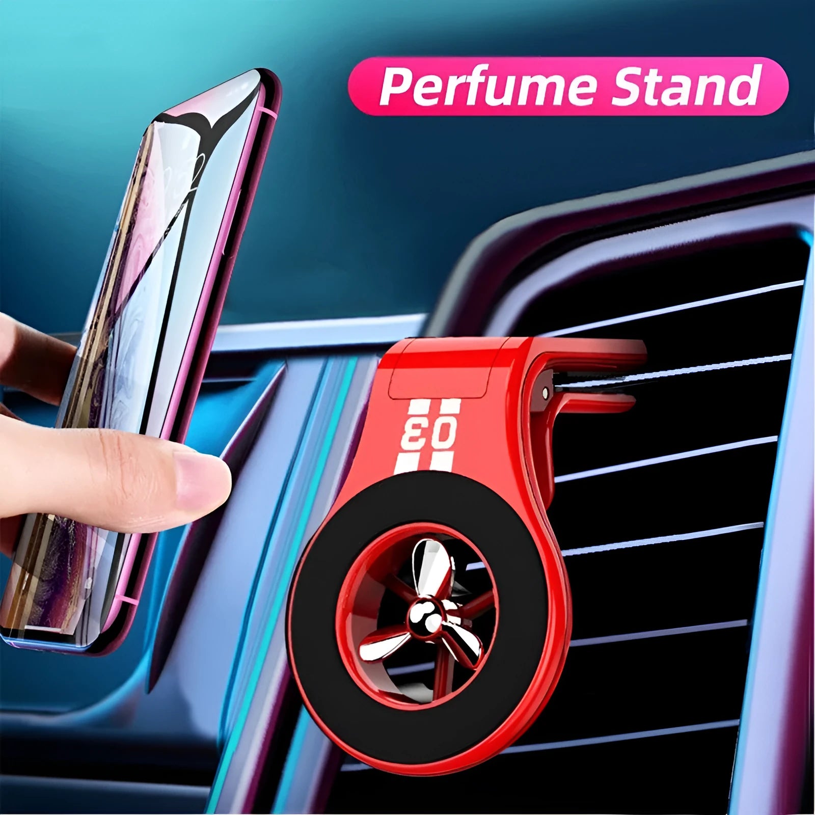 Magnetic car phone holder mounted on car air vent with smartphone attached