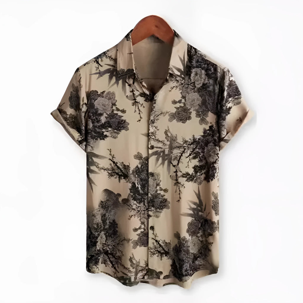 Hawaiian floral print short sleeve shirt with four-sided elastic polyester fabric