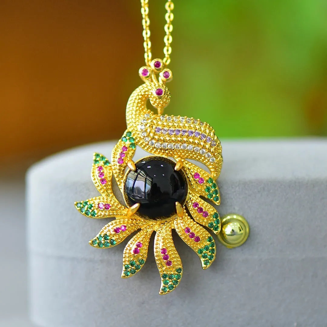 Natural Hetian jade pendant with copper inlay detail on necklace chain
