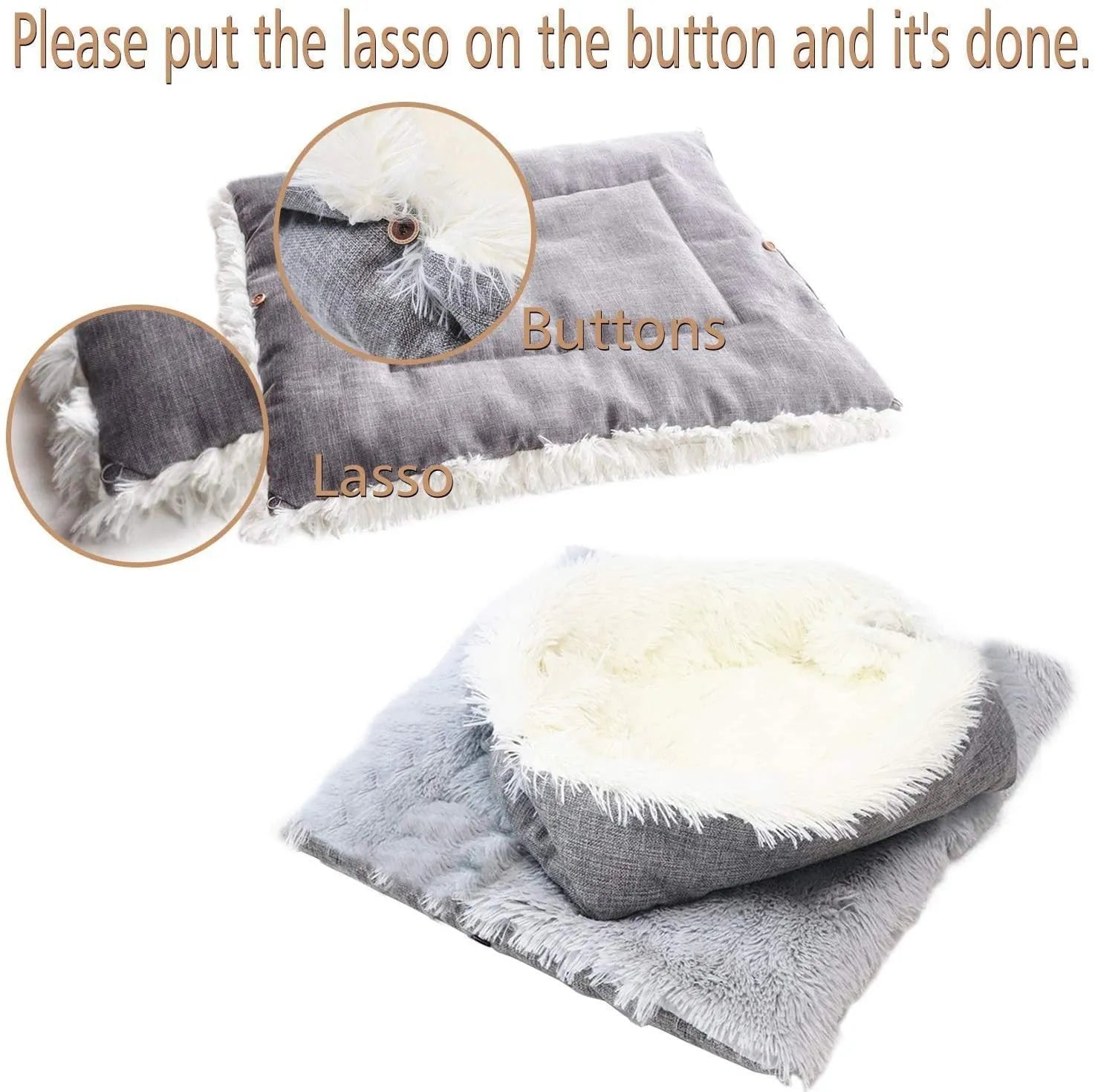 Grey and white plush pet blanket nest with non-slip black bottom for cats and dogs.