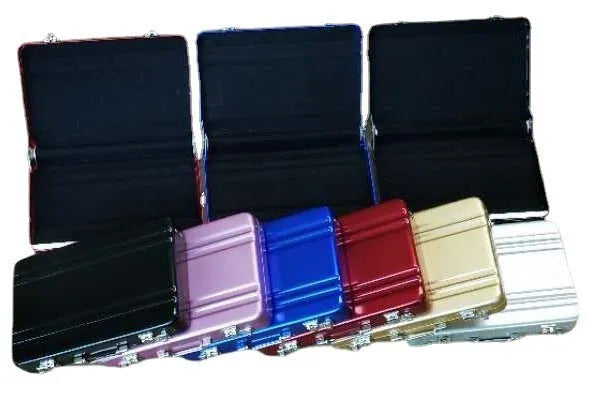 Aluminium alloy metal card holder in red, blue, black, silver, pink, or gold colours measuring 100x65x16mm
