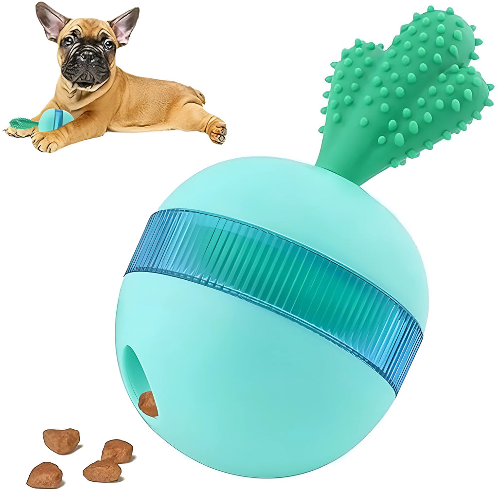 Blue and green durable rubber dog puzzle ball with treat dispensing holes