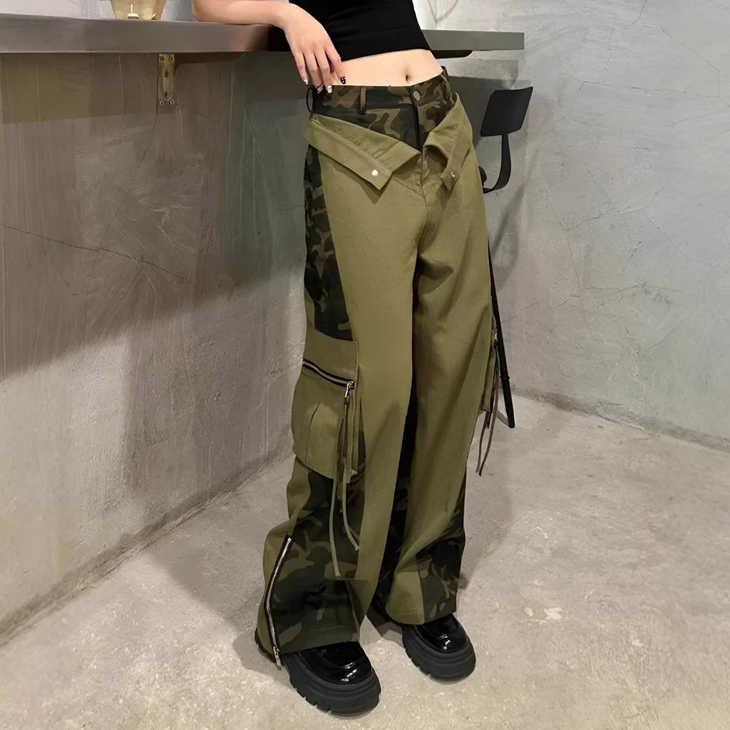 Dark khaki women's jeans with leopard print tooling style and straight leg high waist design