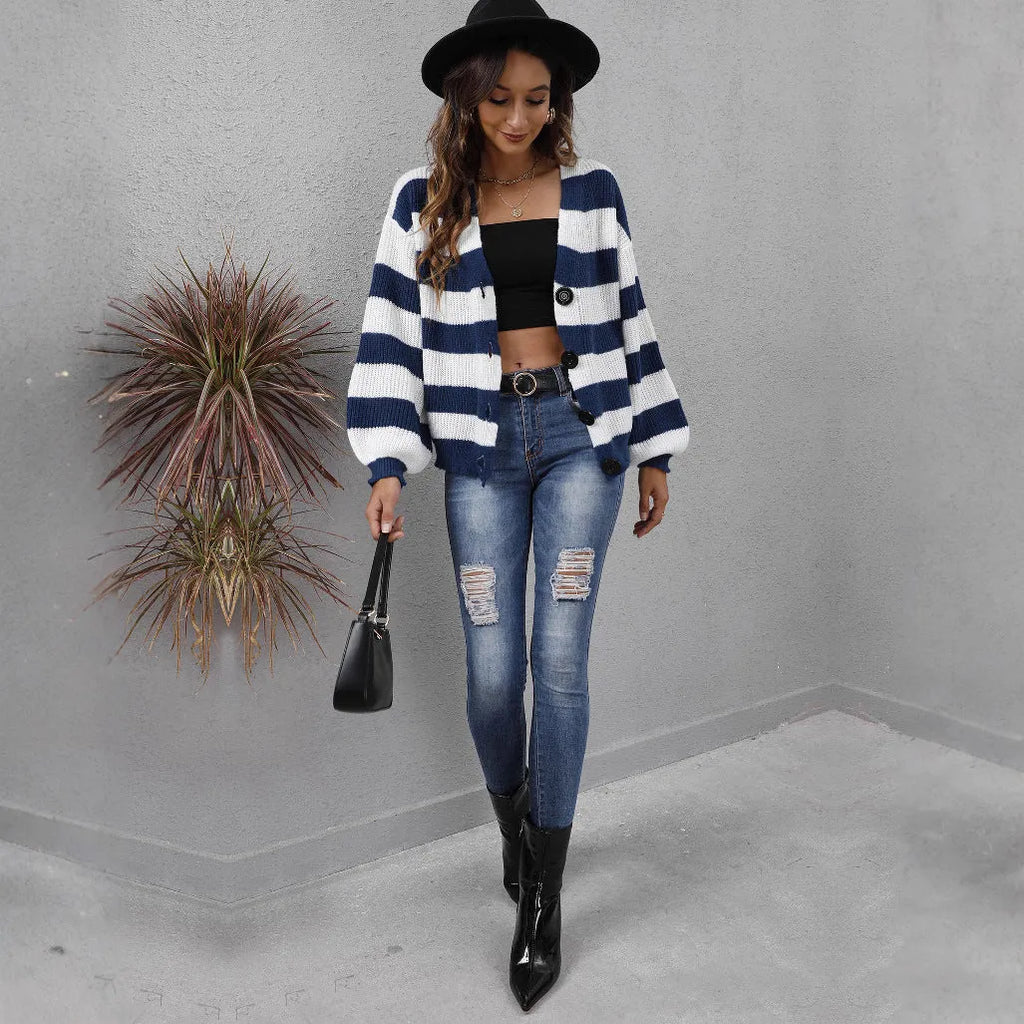 Women's striped cardigan sweater in deer plush fabric with button front, shown in blue colour.