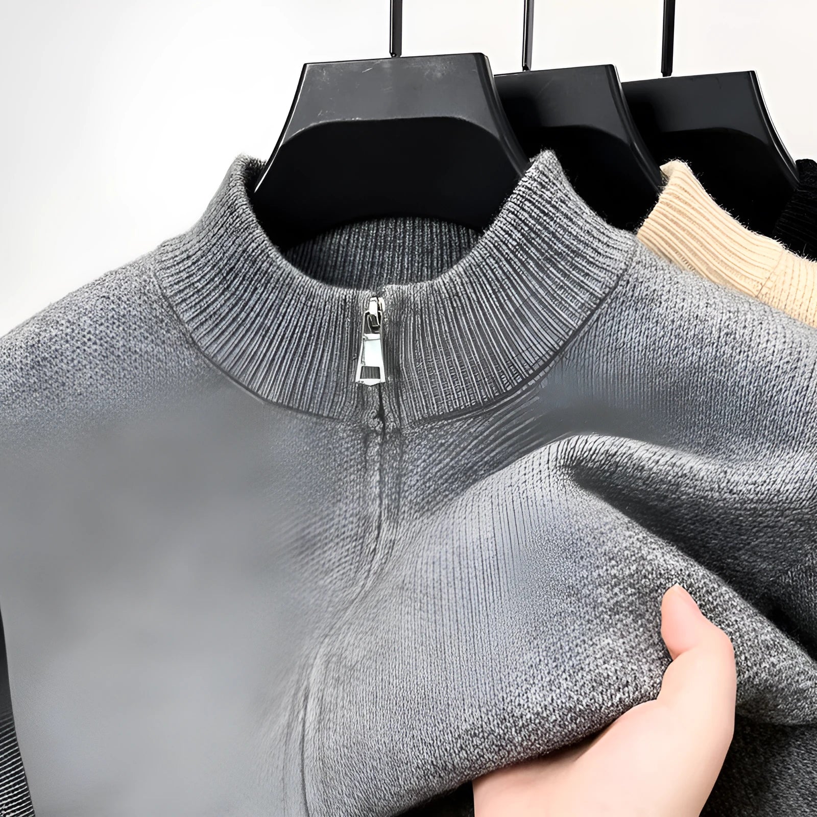 Men's high-neck zip-front cardigan in loose fit knitted fabric, shown in beige colour