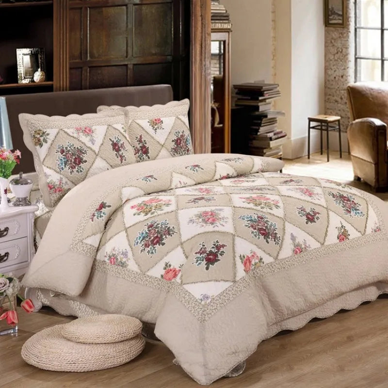 Washed pure cotton quilted bedspread set with one large cover and two pillowcases on a bed.
