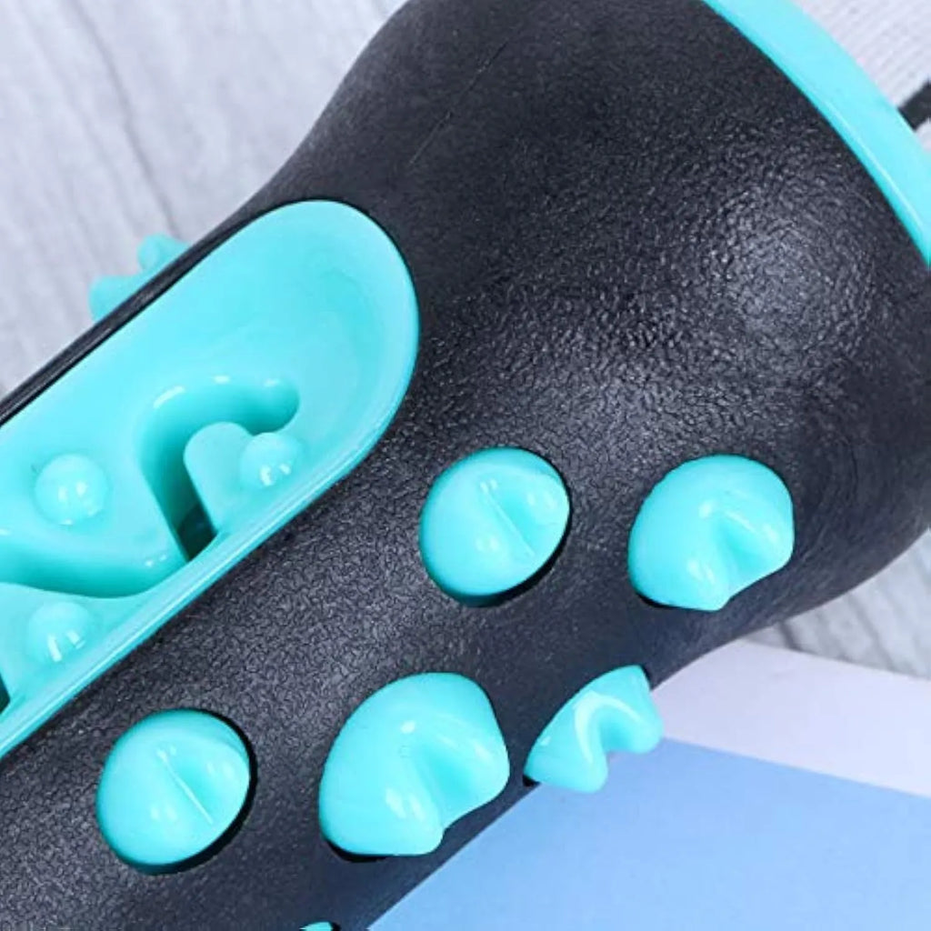 A blue natural rubber dog toothbrush chew toy with a textured surface, shown next to a green one.