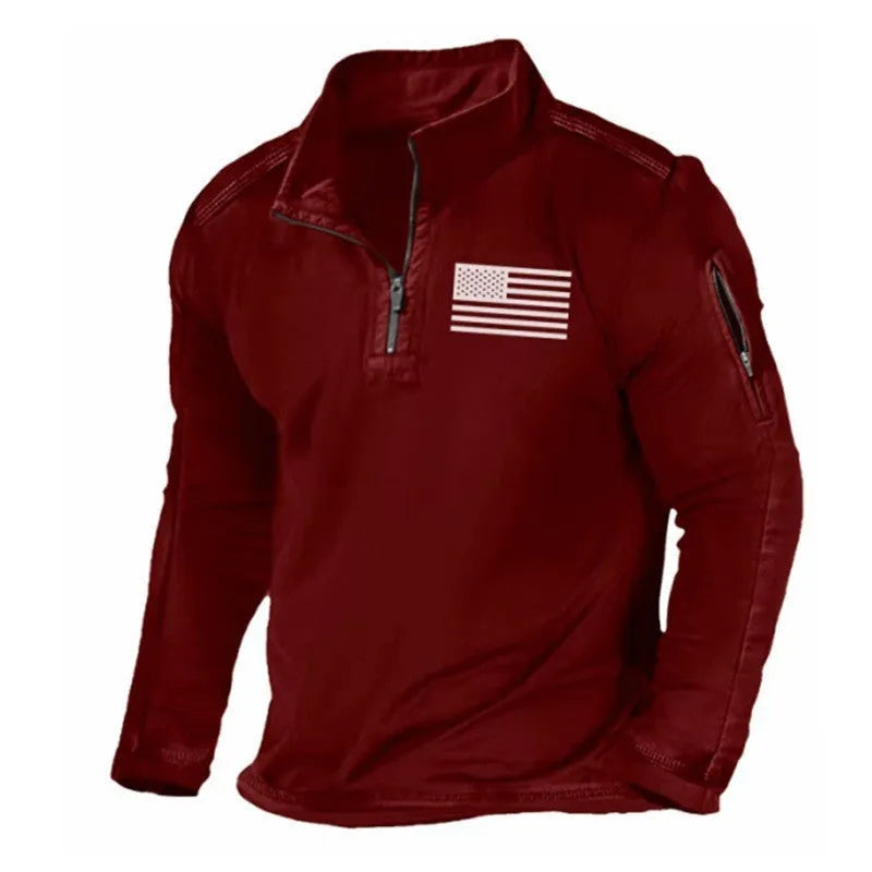 Men's grey zip-front stand collar long-sleeved polyester sweater laid flat.