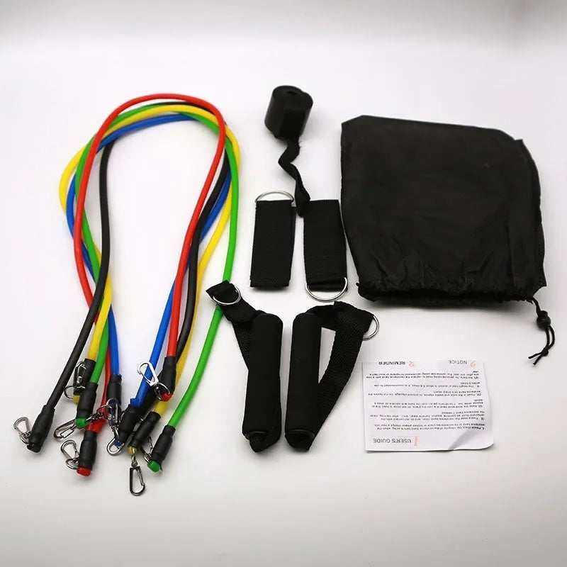Multi-functional door sports 11-piece set with pulling rope packed in an ABS container.