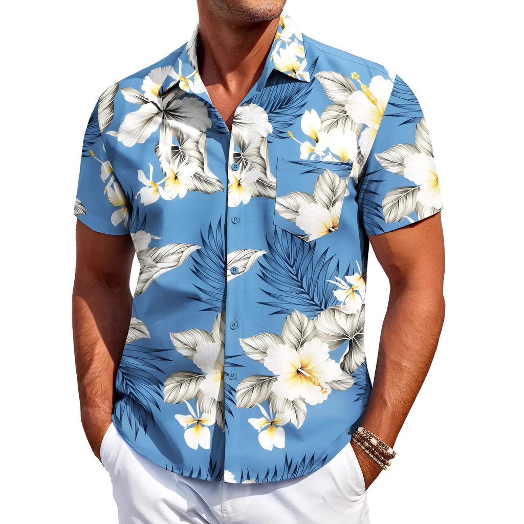 Men's slim fit short sleeve shirt cardigan in elastic polyester fabric on a hanger.