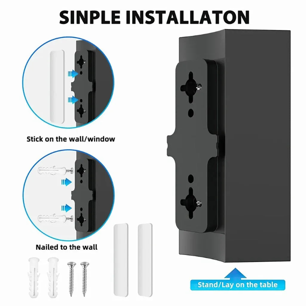 Black digital TV antenna with mounting hardware including expansion tubes, screws, cable ties and adhesive tape