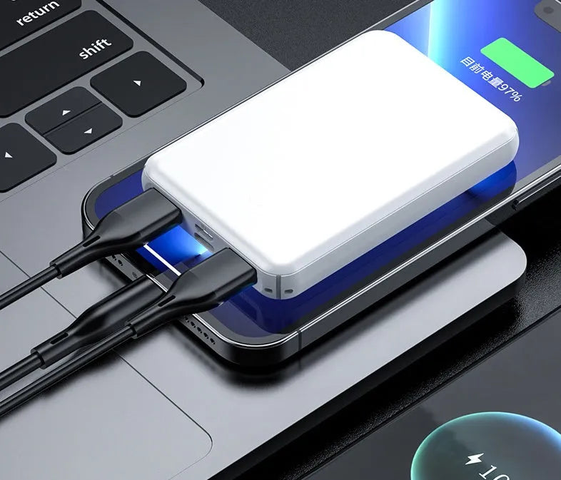 Black and white heating vest power bank belt with dimensions 97mm by 64mm by 14mm