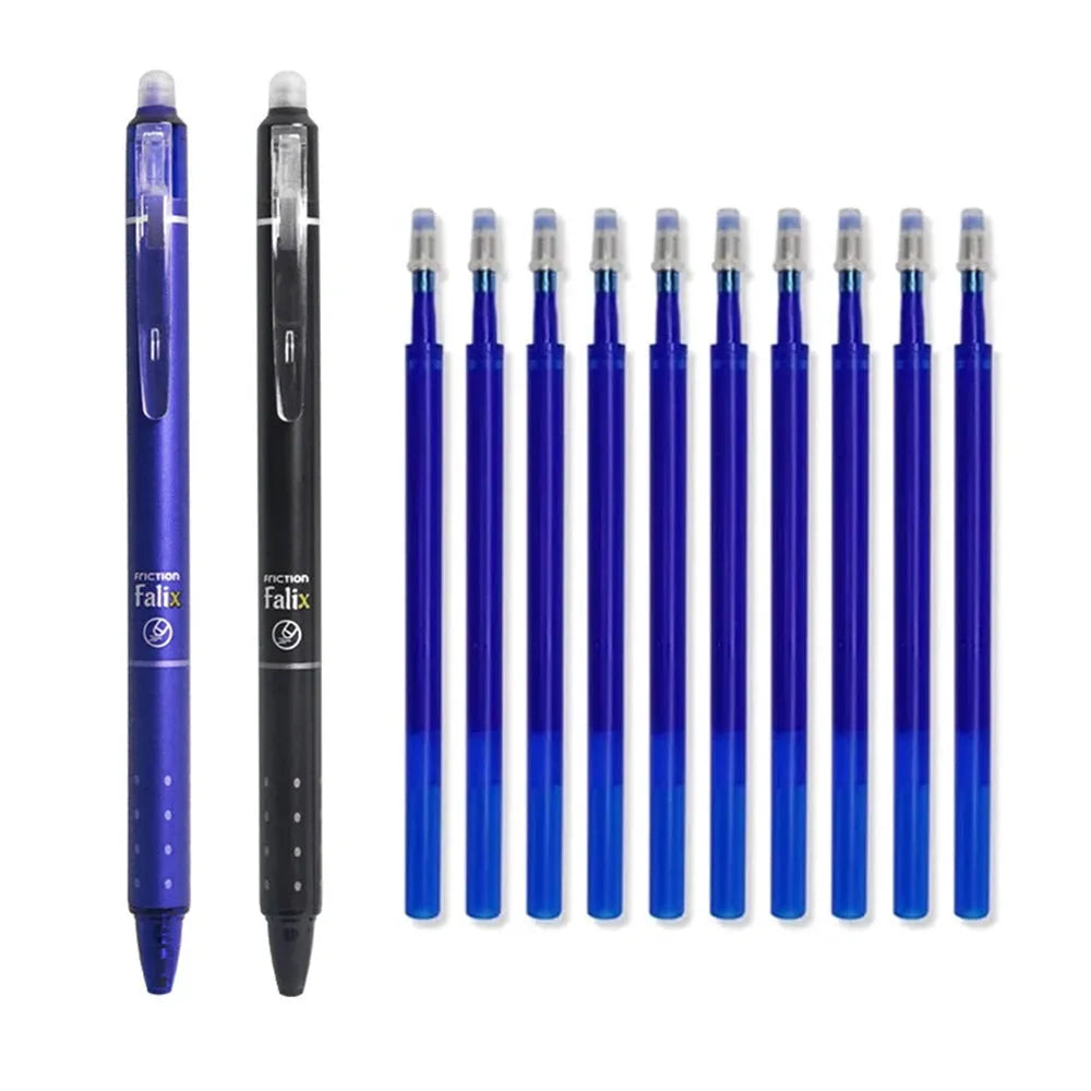 Hot erasable push gel pen with 0.5mm stainless steel nib and plastic shell in blue or black ink