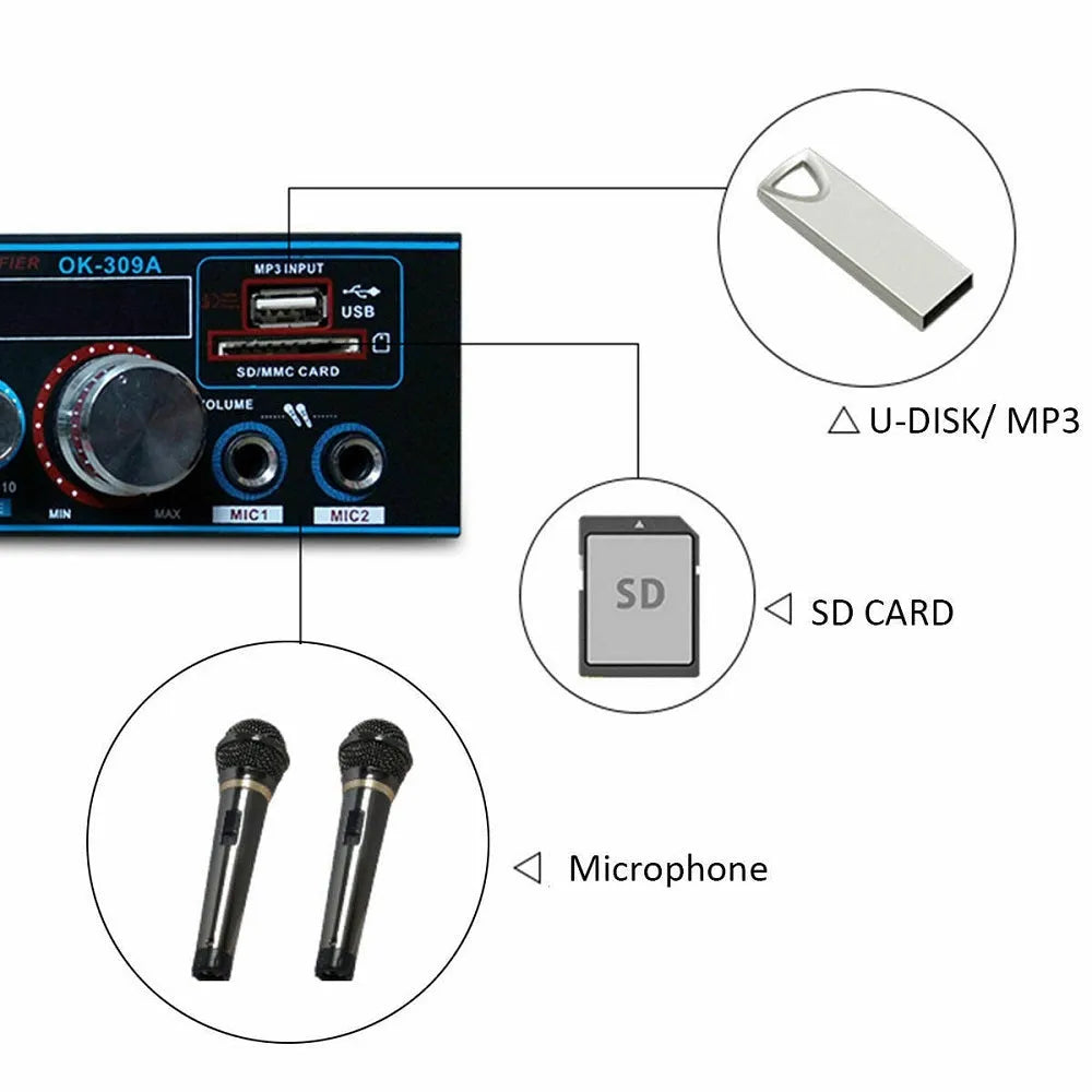Black iron dual-purpose power amplifier body with Bluetooth and FM for home and car use, 20cm size with remote control