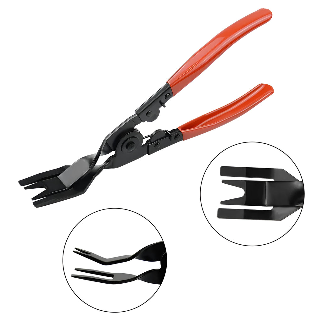 Red-handled steel automotive plier for GM door panel clip removal and horn driver nailing.
