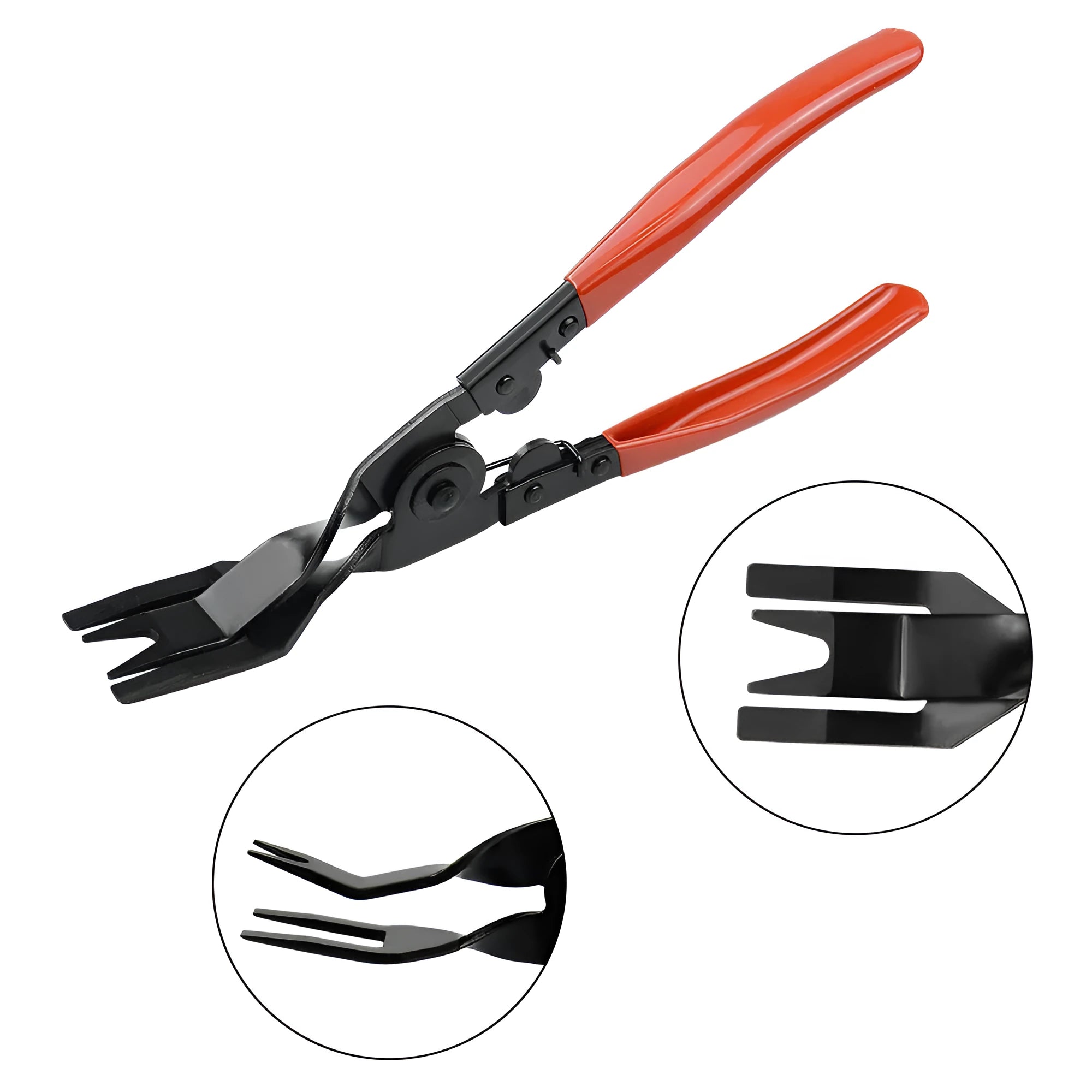 Red-handled steel automotive plier for GM door panel clip removal and horn driver nailing.