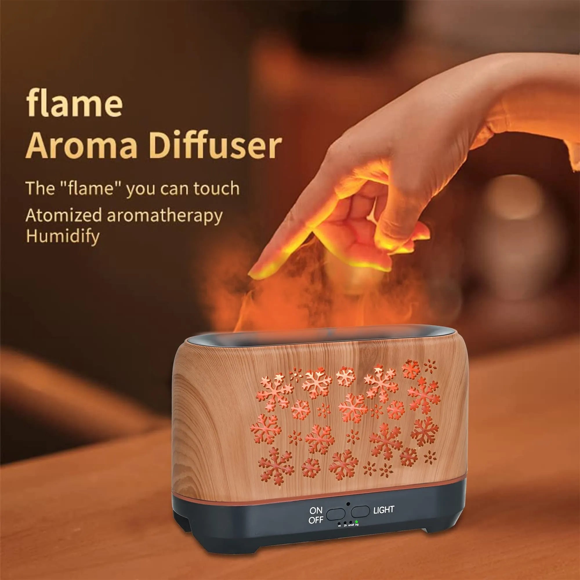 Colourful snowflake wood grain aromatherapy humidifier with flame effect lighting on a desktop