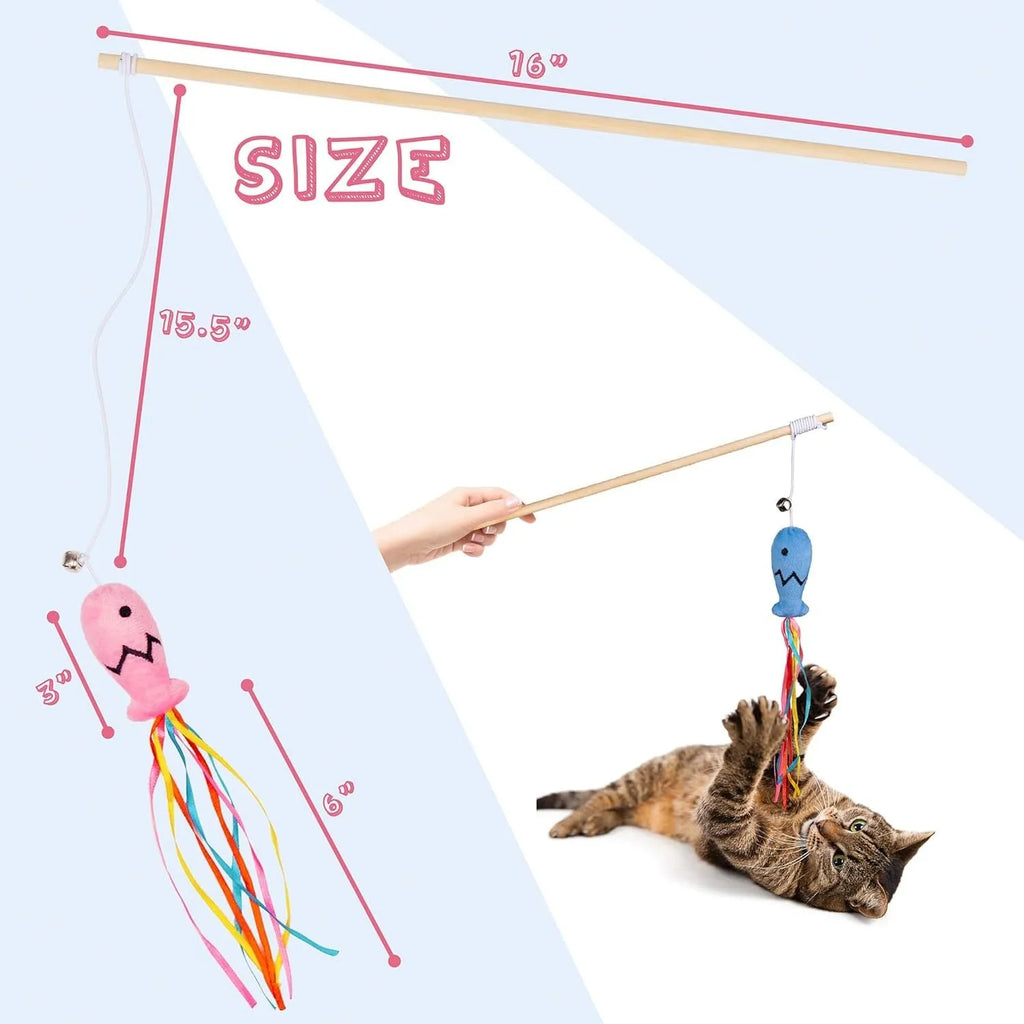 Cat wand toy with colourful ribbons, catnip fish, and bell on wooden handle