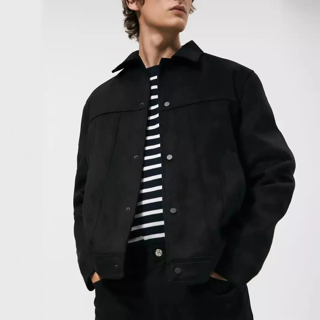 Black men's hooded jacket with suede collar, side pockets and straight hem
