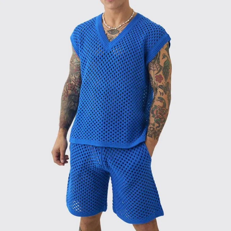 Men's blue V-neck vest and shorts sports suit for summer athletic wear