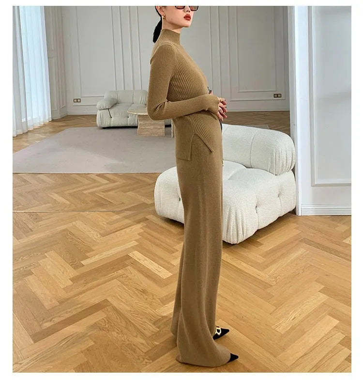 Women's apricot knitted three-piece set featuring a cardigan, wide-leg pants, and top with leather stitching details.