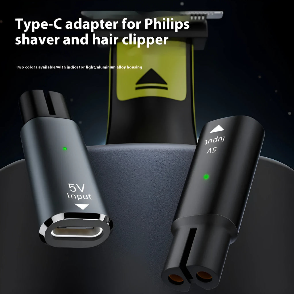 USB-C to 4.3V charging adapter for electric shavers in black or grey aluminium housing