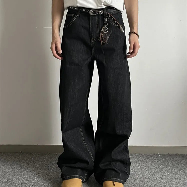 Black retro loose wide-leg jeans with straight-leg design and zip placket
