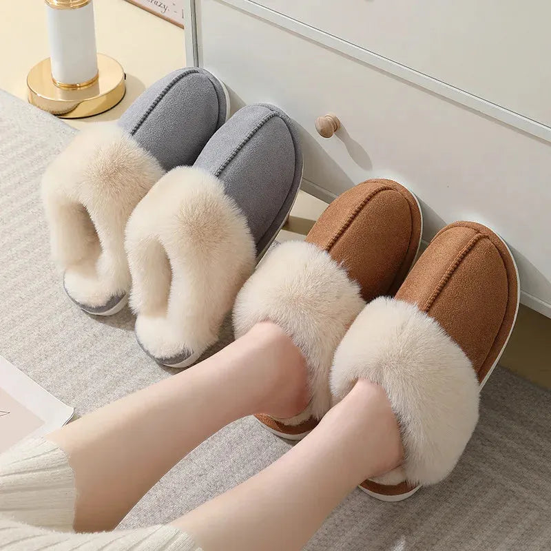 Brown women's plush indoor slippers with round toe, flat heel, and textured PVC anti-slip sole.