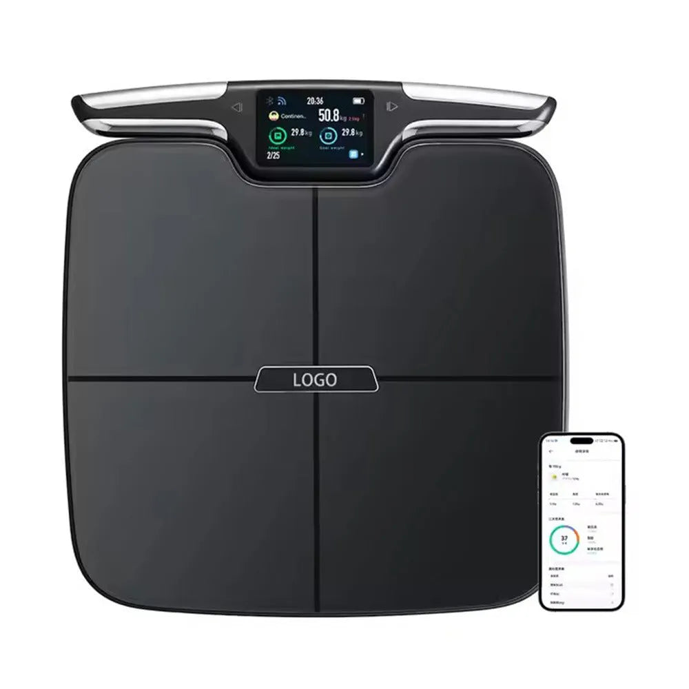 Black eight-electrode body fat weighing scale with LCD display for household health measurements