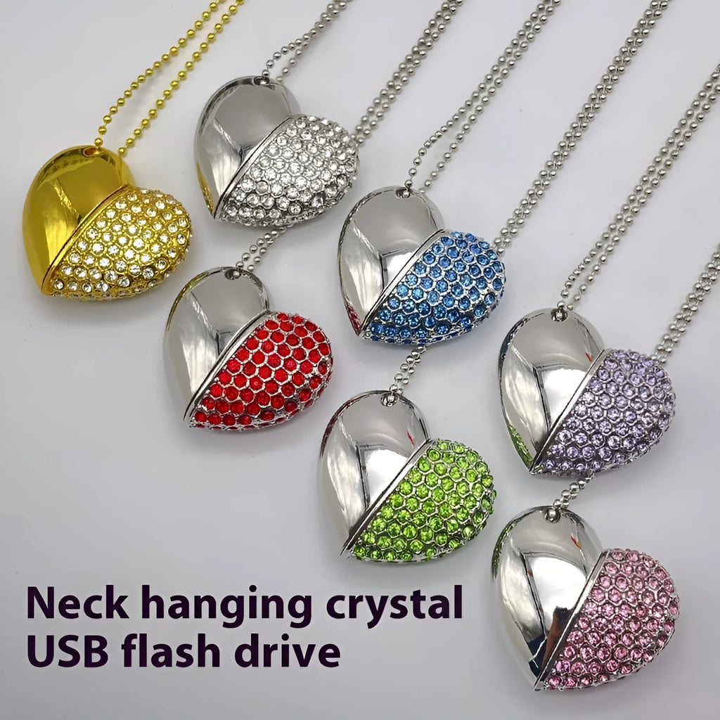 Heart-shaped brick pattern USB flash drive in blue, showing metal shell and USB connector.