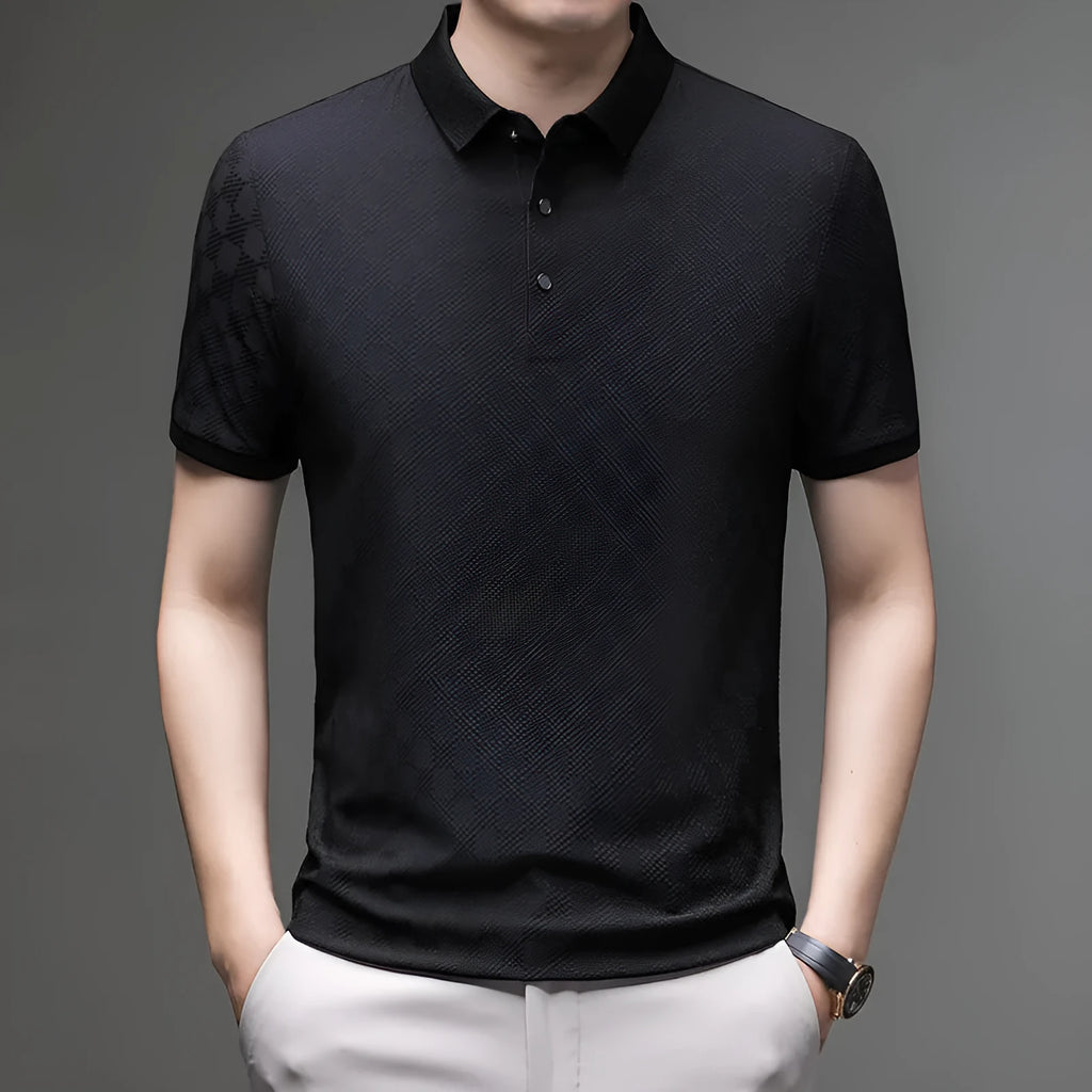 Rhombus pattern thin short sleeve T-shirt with slit side detail in black, green, or brown.