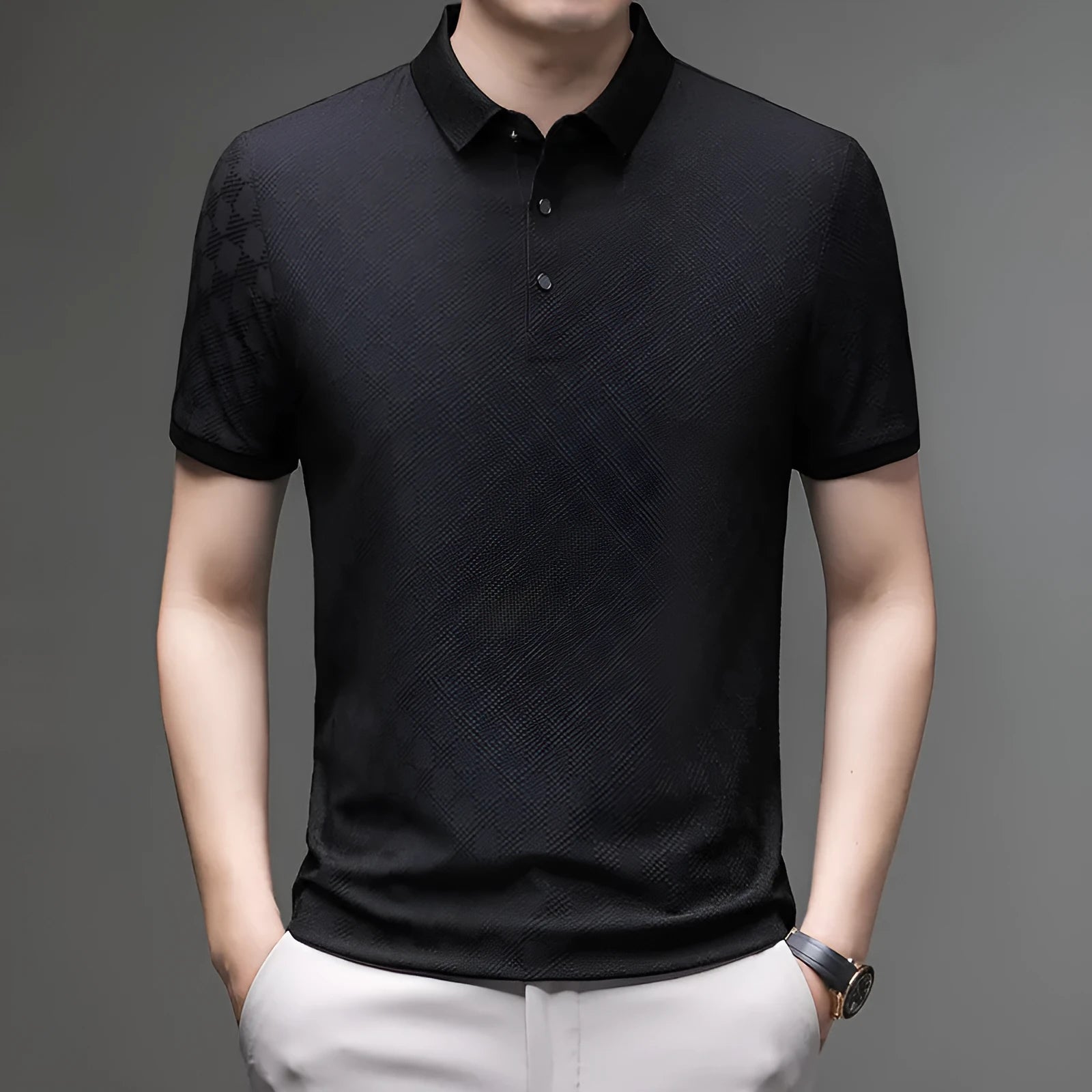 Rhombus pattern thin short sleeve T-shirt with slit side detail in black, green, or brown.