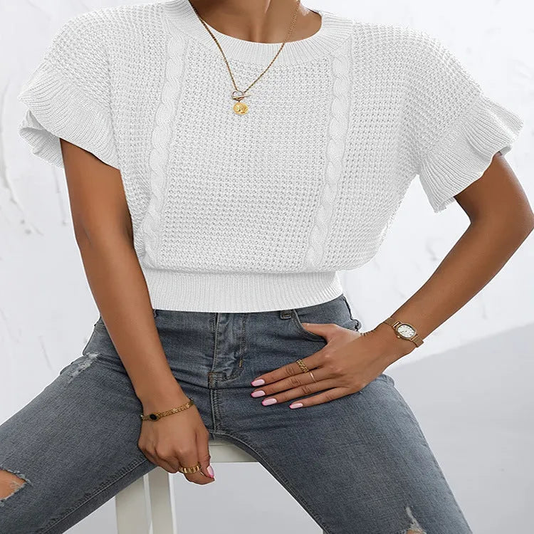 Twisted string detail and ruffled short sleeves on a loose-fit round neck knitted pullover sweater.